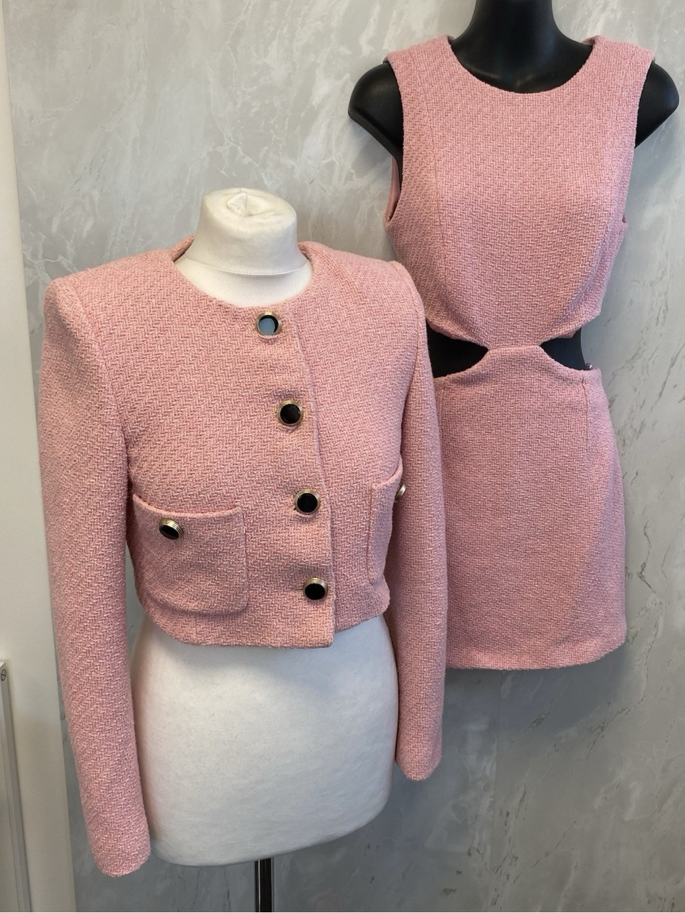 Mango Women's Pink Tweed Cropped Jacket and Dress Set